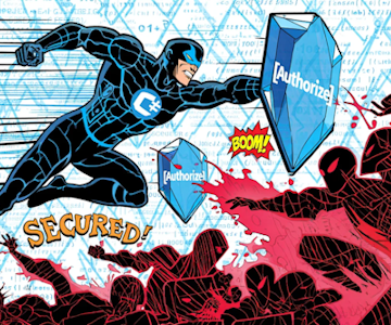 A comic book scene where a superhero (wearing a C# emblem) throws [Authorize] shields at rogue controller methods, cartoon villains named 'Anonymous Access' dodge them, bright bold colors, halftone patterns, comic panels with 'BOOM' and 'SECURED!' captions, playful and energetic, comic book art style