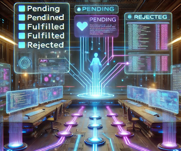 A high-tech command center where a digital AI assistant dispatches glowing data packets through multiple interconnected pathways labeled 'Pending', 'Fulfilled', and 'Rejected'. The room is filled with floating holographic screens displaying API call results and Redux actions in real time. The colors are vibrant, dominated by neon blues and purples, with a sleek, futuristic UI aesthetic.