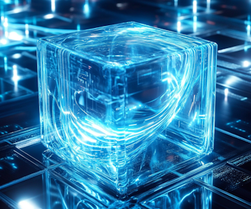 A futuristic glass cube encapsulating dynamic swirling data streams, but the cube itself remains frozen in time. The background is a digital environment with blue and white neon elements, symbolizing immutable state updates in JavaScript