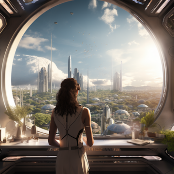 a woman looking through a window with a futuristic city outside