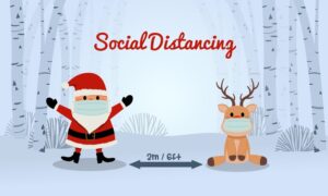 Distanciation sociale et fêtes de fin d'année : le Père Noël et son renne aussi portent un masque et respectent les règles de distanciation sociale.